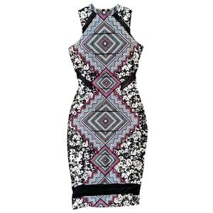 Material Girl Aztec Floral Mesh Cutout Bodycon Dress Y2K Clubwear Sz S